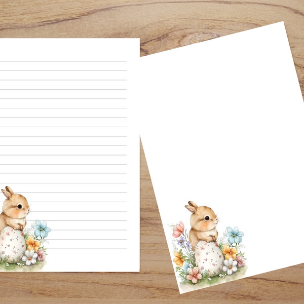 Printable Cute Bunny Stationery, Printable Stationery Lined and Unlined Paper, Unlined Letter Paper, Digital A4, US Letter 8.5" x 11"