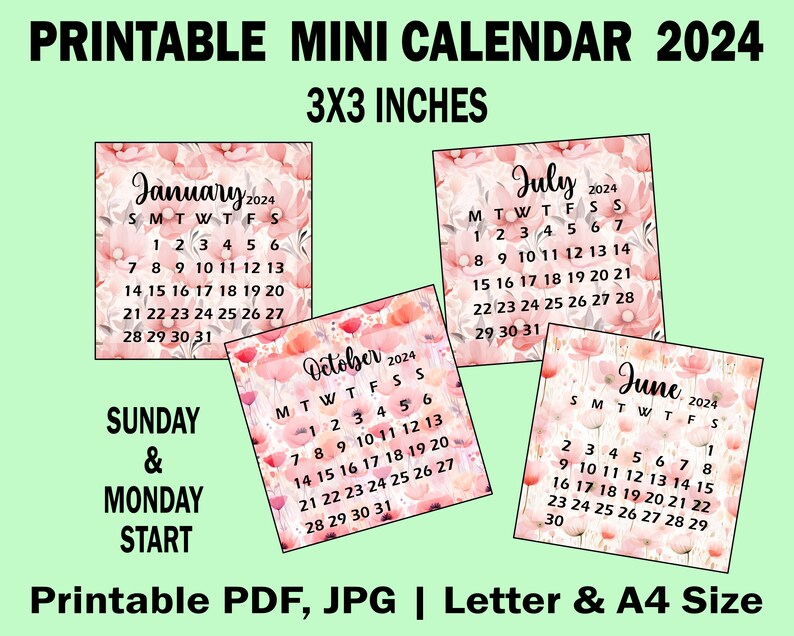 Printable Pink Blooms Mini Calendar 2024 3x3 Inches Monday & Etsy