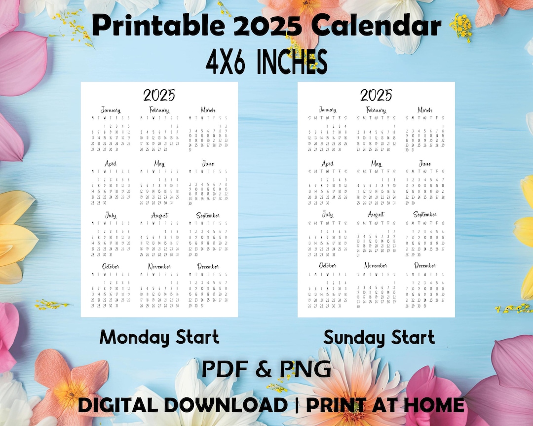 Printable Yearly 2025 Calendar, 4x6 Inches, Yearly Calendar, Planner Calendar, Planner Insert Calendar - Etsy printable-yearly-2025-calendar-4x6-inches-yearly-calendar-planner-calendar-planner-insert-calendar-etsy