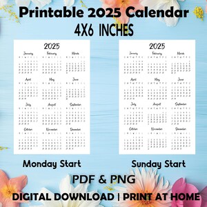 Printable Yearly 2025 Calendar, 4x6 Inches, Yearly Calendar, Planner ...