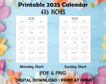 Printable yearly 2025 Calendar, 4x6 Inches, Yearly Calendar, Planner Calendar, Planner Insert Calendar