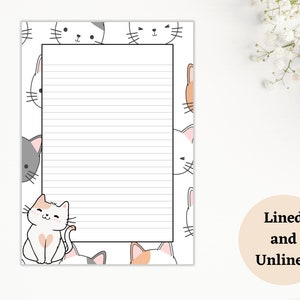 May include: Printable lined and unlined paper with a cute cat pattern. The paper features a variety of cats with different colors and expressions. The text "Lined and Unlined" is visible in the bottom right corner.
