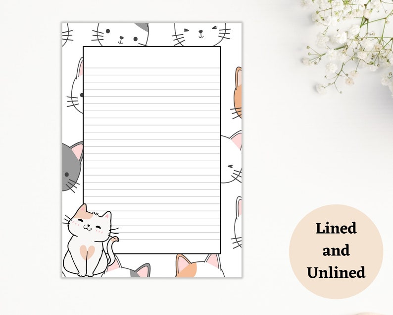 May include: Printable lined and unlined paper with a cute cat pattern. The paper features a variety of cats with different colors and expressions. The text "Lined and Unlined" is visible in the bottom right corner.
