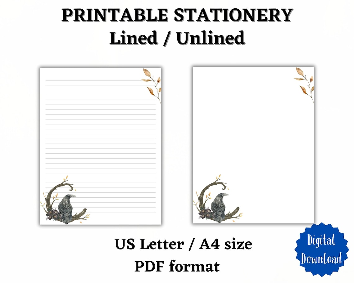 Printable Black Crow Stationery, Letter Writing Paper, Lined and ...