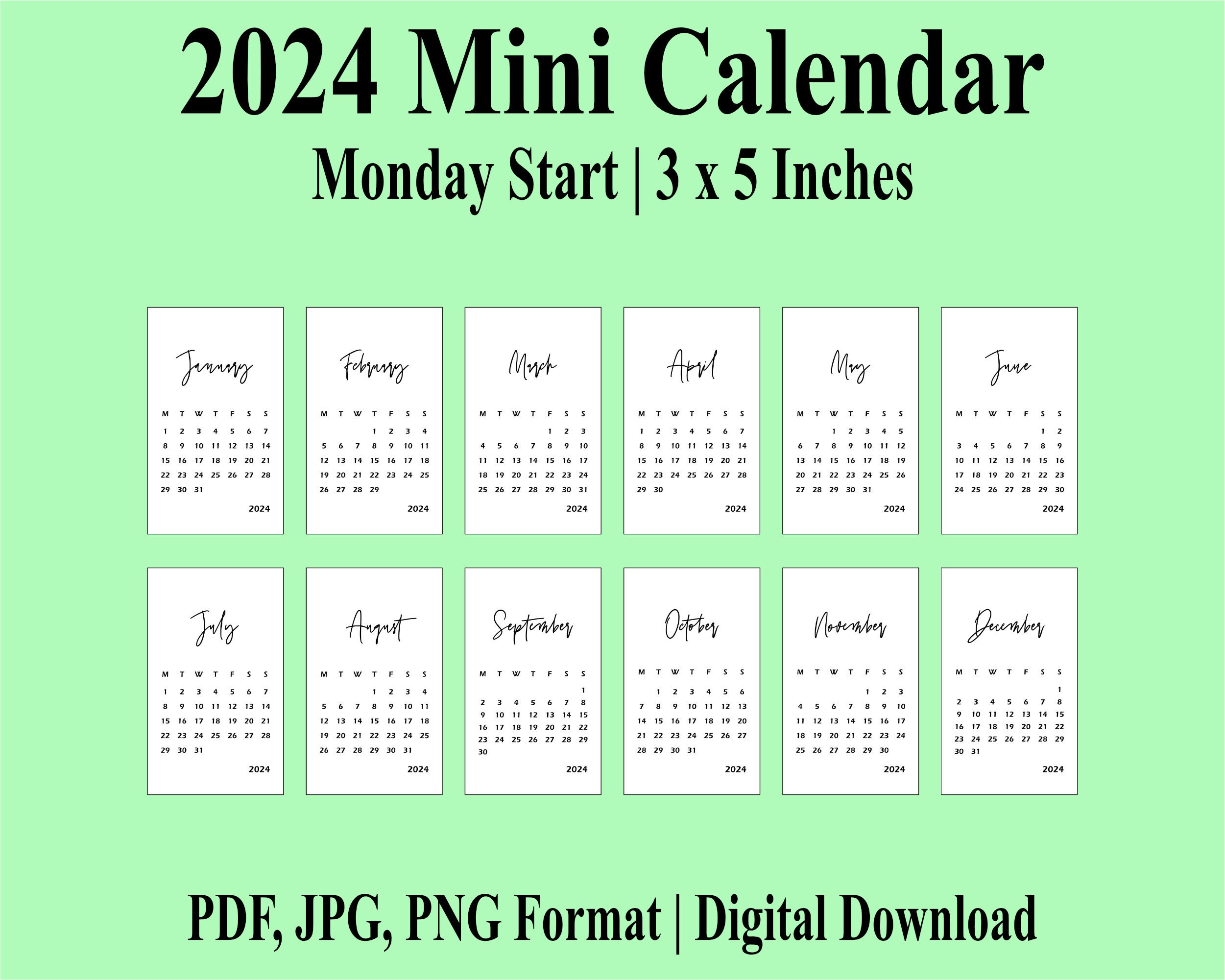 2024 Mini Calendar Printable PDF, 3 X 5 Inches, Small Calendar, Sunday