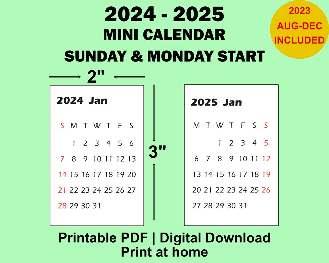 2024 2025 Mini Calendar Printable PDF, 2x3 Inches, Small Calendar, Desk