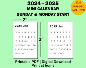 2024 2025 Mini calendario PDF stampabile, 2x3 pollici, piccolo calendario, calendario da tavolo, calendario tascabile