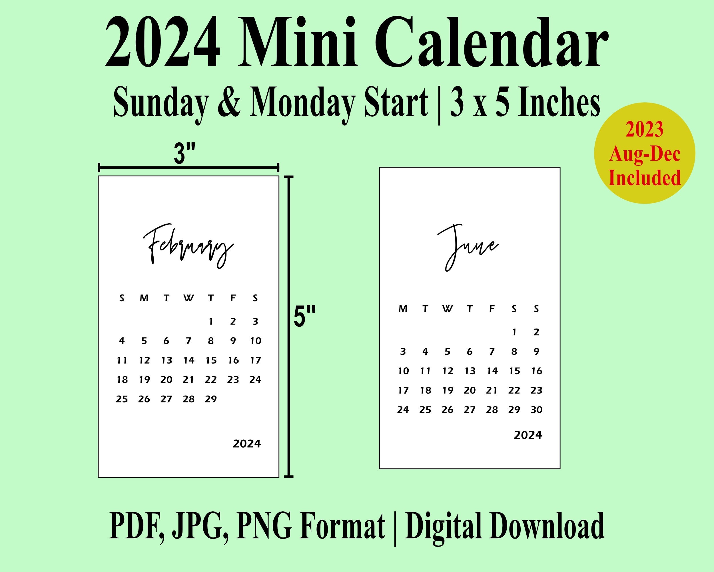 2024 Mini Calendar Printable PDF, 3 X 5 Inches, Small Calendar, Sunday