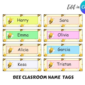 Bearbeitbare Bienen-Klassenzimmer-Namensschilder, Klassenzimmer-Etikett, Klassenzimmerdekorationen