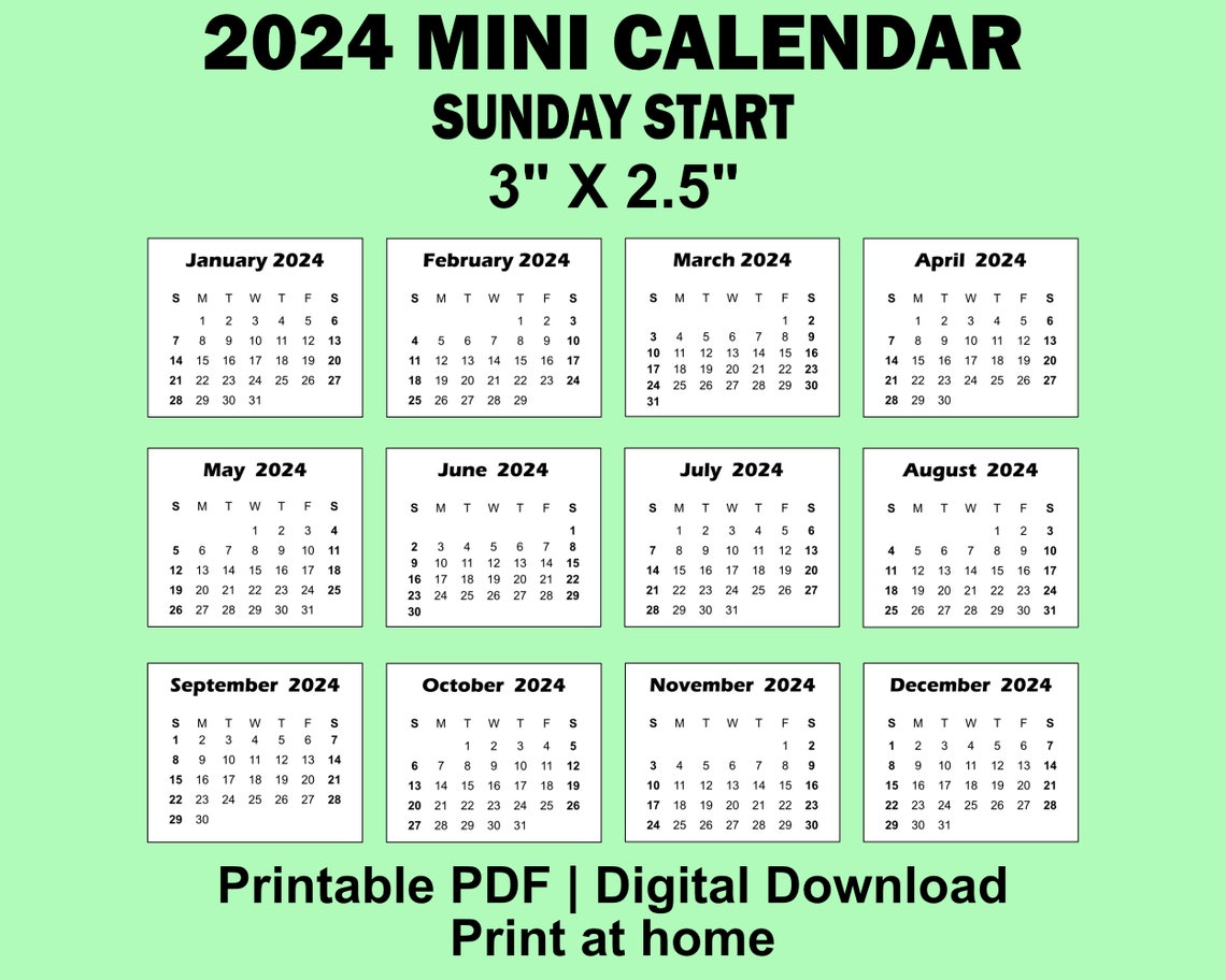 2024 2025 Mini Calendar Printable PDF, 3x2.5 Inches, Monday and Sunday ...