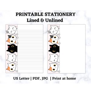Cat Stationery Printable PDF, Lined and Unlined Digital Paper, Letter Writing Paper, Cartoon Cat Printable Stationary, Cute Letter Set