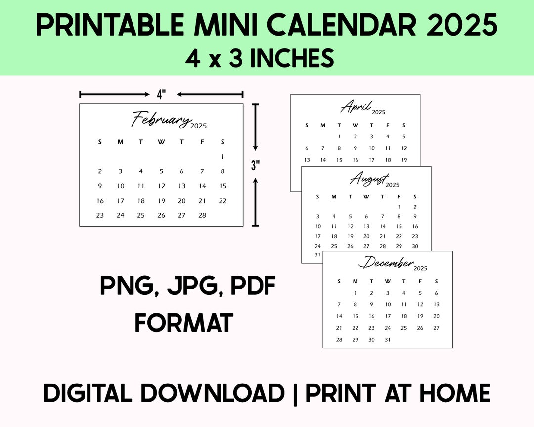 Printable 4x3 Inches 2025 Mini Calendar, Desk Calendar, Black and White