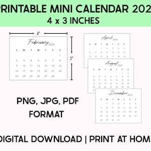 Printable 4x3 Inches 2025 Mini Calendar, Desk Calendar, Black and White Calendar, Digital Calendar