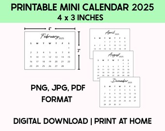 Printable 4x3 Inches 2025 Mini Calendar, Desk Calendar, Black and White Calendar, Digital Calendar