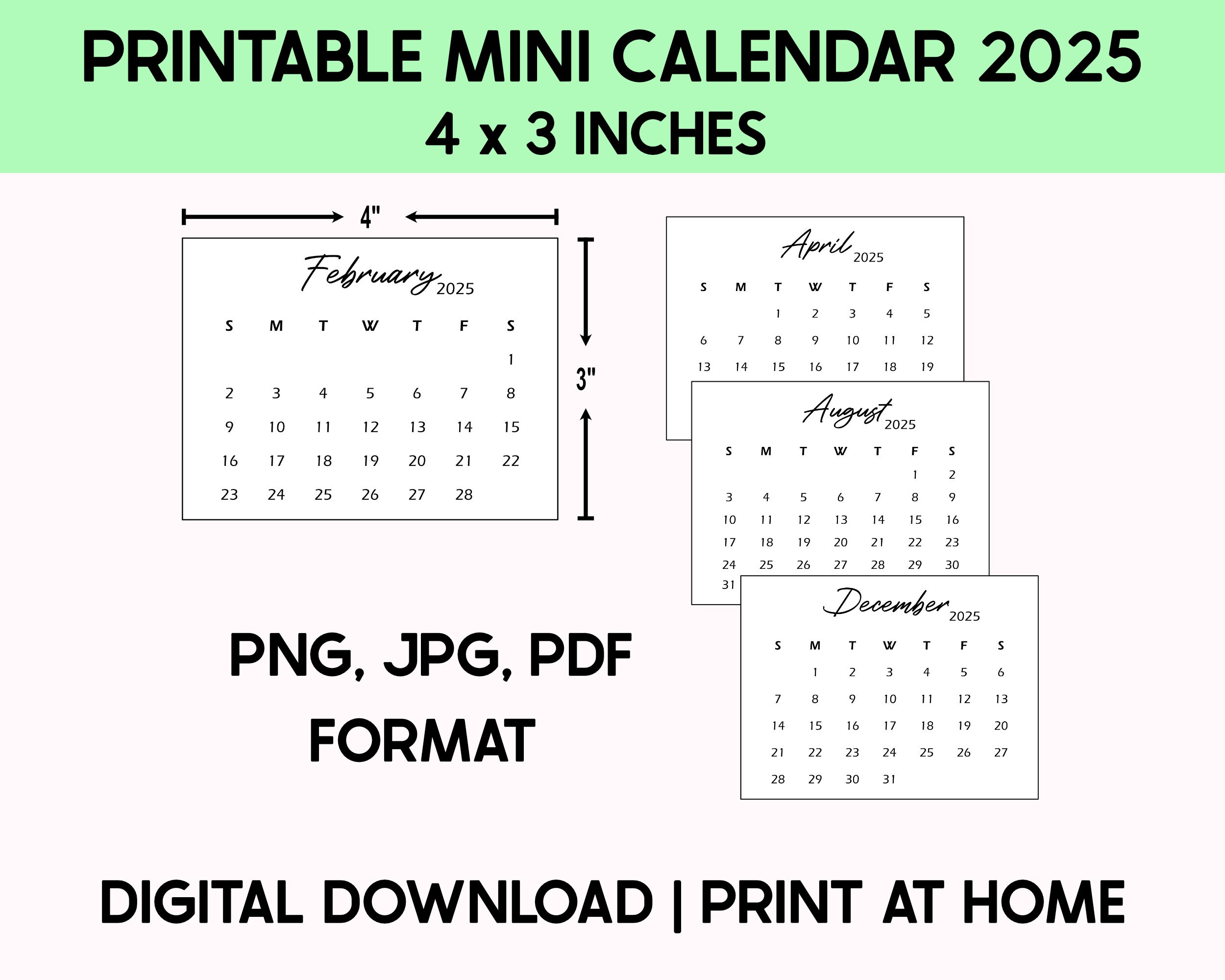 Printable 4x3 Inches 2025 Mini Calendar, Desk Calendar, Black and White ...