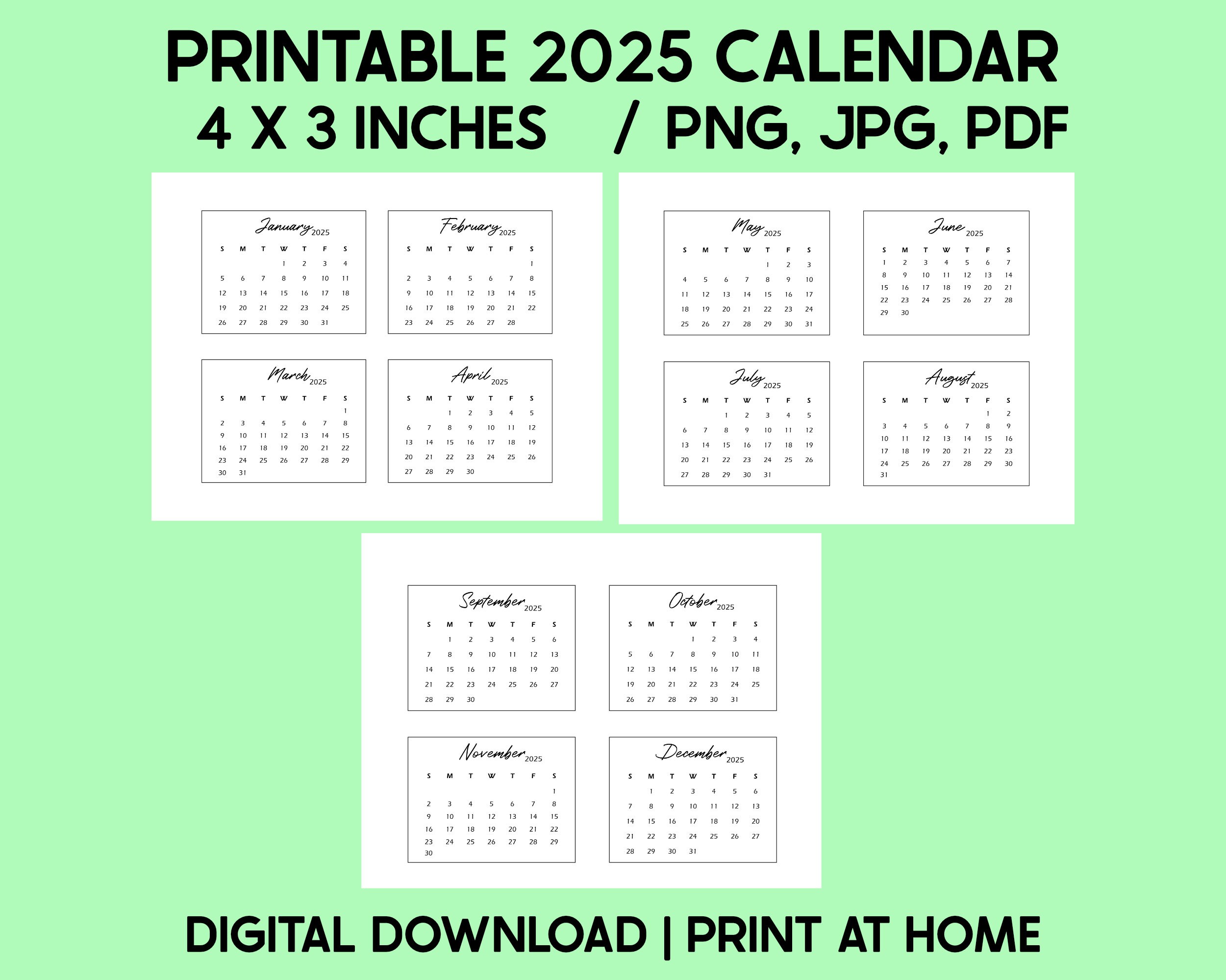 Printable 4x3 Inches 2025 Mini Calendar, Desk Calendar, Black and White ...