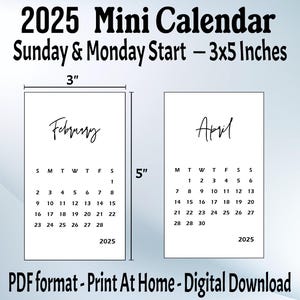 Calendario 2025 en formato PDF imprimible, 3 x 5 pulgadas, calendario pequeño, inicio en domingo y lunes, descarga digital