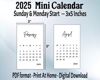 2025 Mini Calendar Printable PDF, 3 x 5 Inches, Small Calendar, Sunday and Monday Start, Digital Download