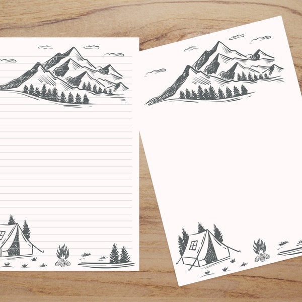 Printable Camping Stationery, Mountain Stationery, Camping Fire Stationery, Printable Letter Writing Paper, Sketch Stationery, PDF JPEG