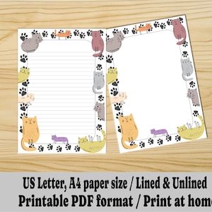 Cute  Drawn Cat Stationery Printable PDF, Cat Lover Letter Writing Paper, Lined and Unlined Paper, Printable Cat Stationary, A4 | US Letter