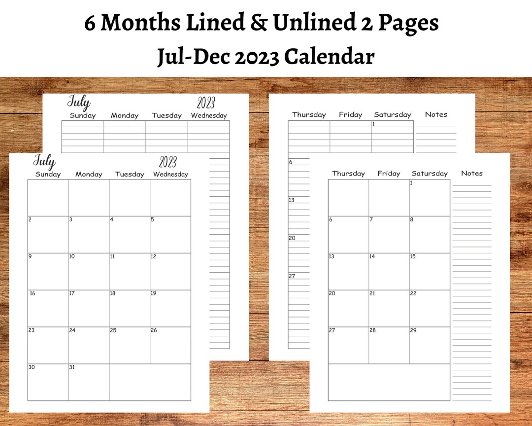 6 Months 2 Pages Lined and Unlined 2023 Calendar 2 Pages - Etsy