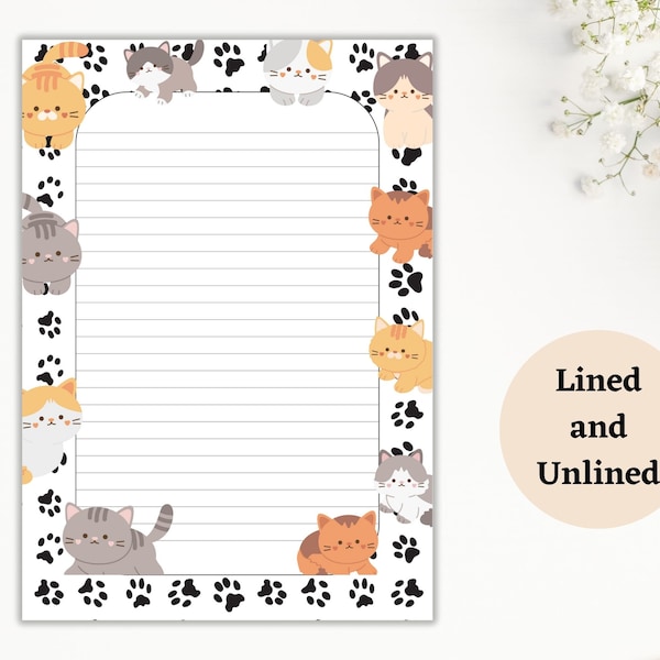 Printable Cats Border Stationery, Printable Cat Lover Letter  Writing Paper, Digital Download, Lined & Unlined, Digital Paper