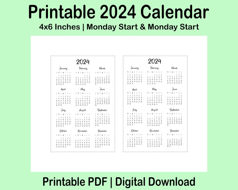 Printable Yearly 2024 Calendar 4x6 Inches Yearly Calendar Etsy
