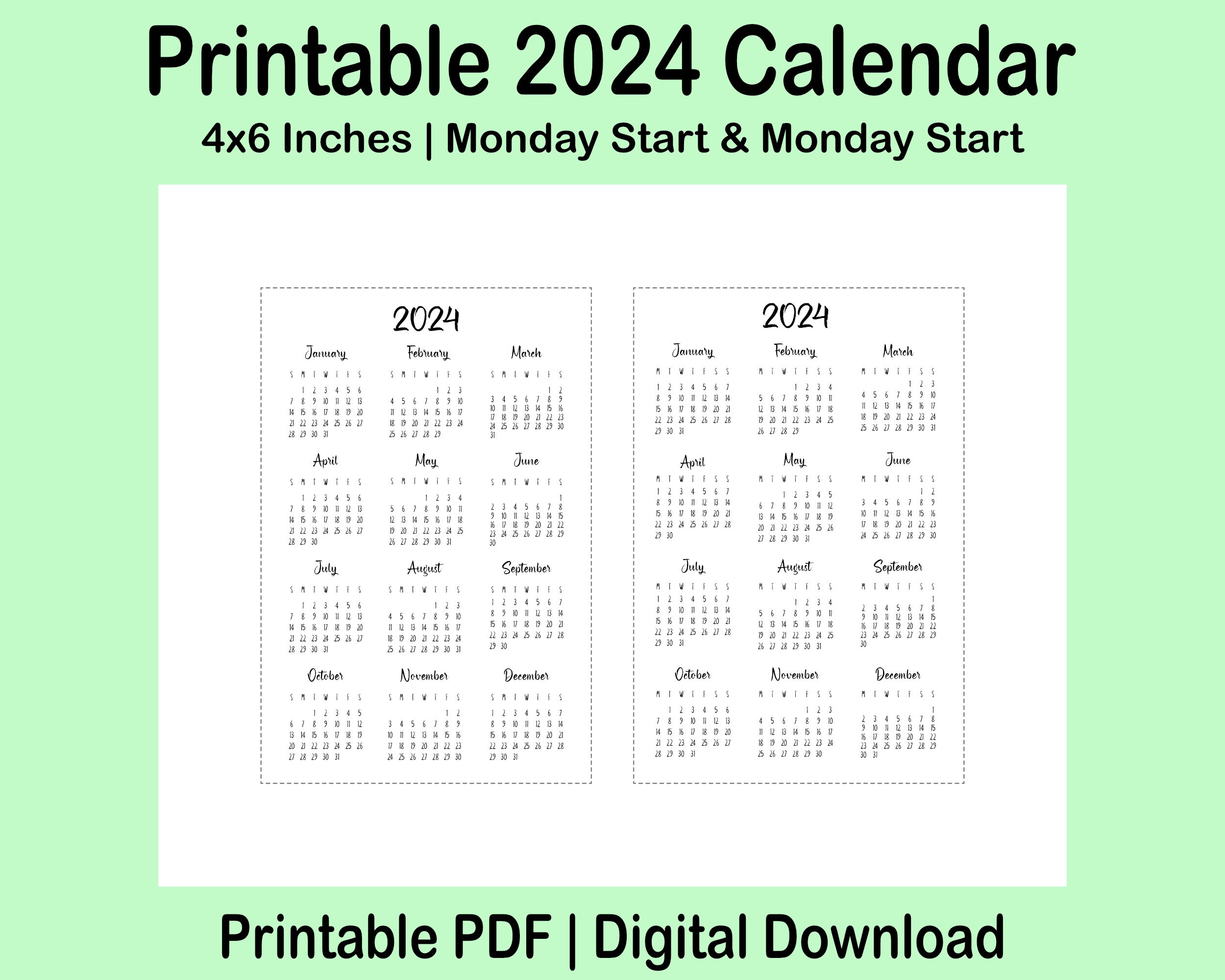 Printable Yearly 2024 Calendar, 4x6 Inches, Yearly Calendar, Planner