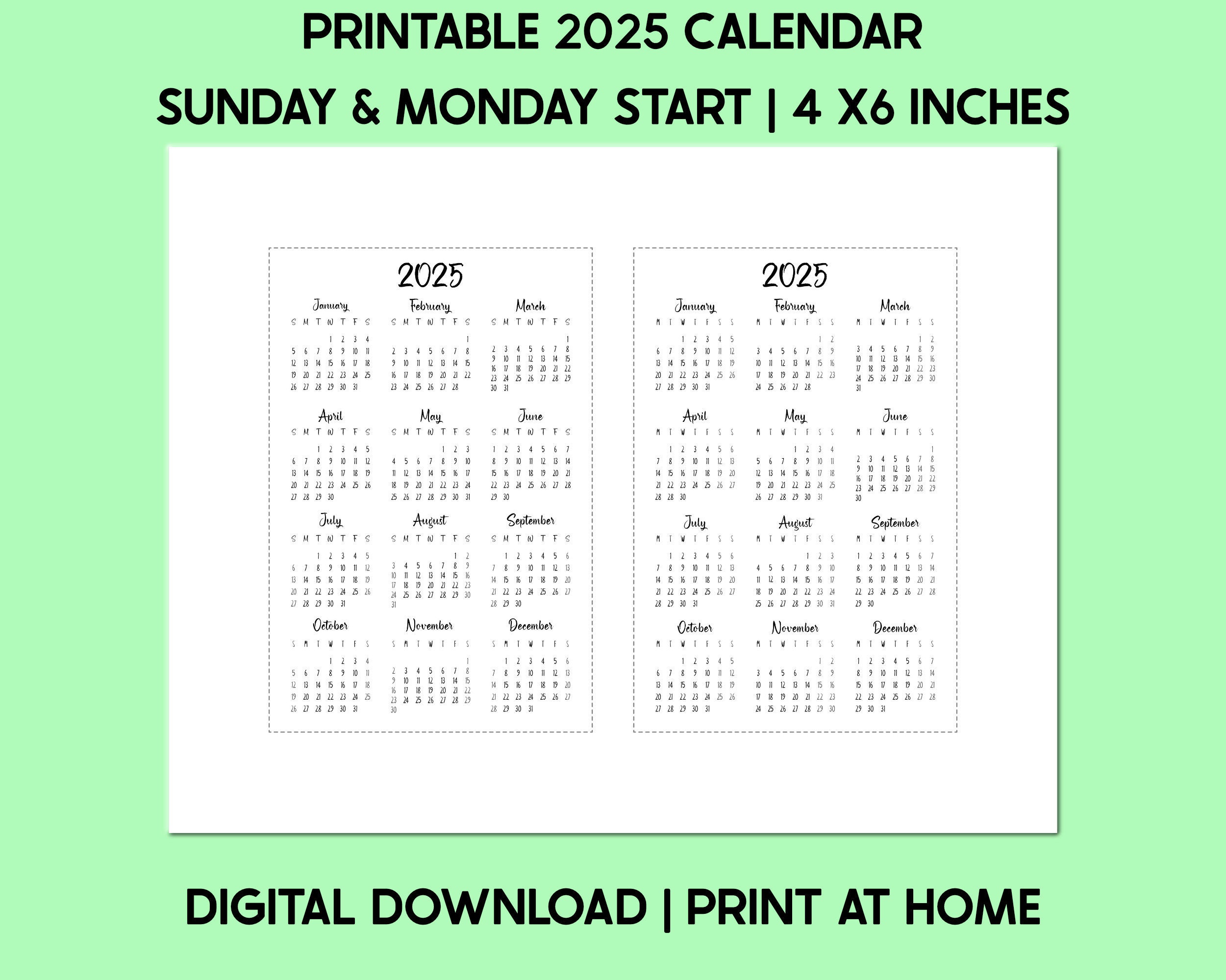 Printable Yearly 2025 Calendar, 4x6 Inches, Yearly Calendar, Planner
