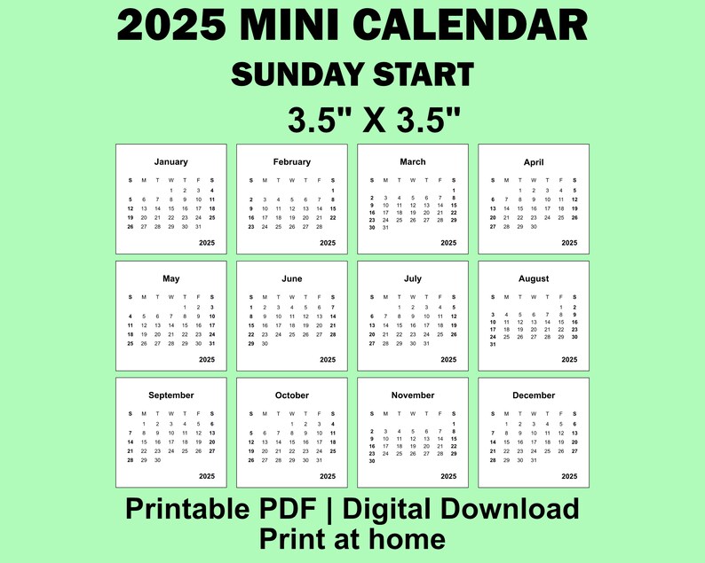 2025 2025 Mini Calendar Printable PDF, 3.5 X 3.5 Inches, Sunday and
