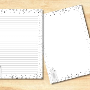 Gato imprimible con papelería de notas musicales, papel con y sin forro de notas musicales, papelería para gatos, diario de notas musicales, formato PDF, carta de EE. UU. / A4