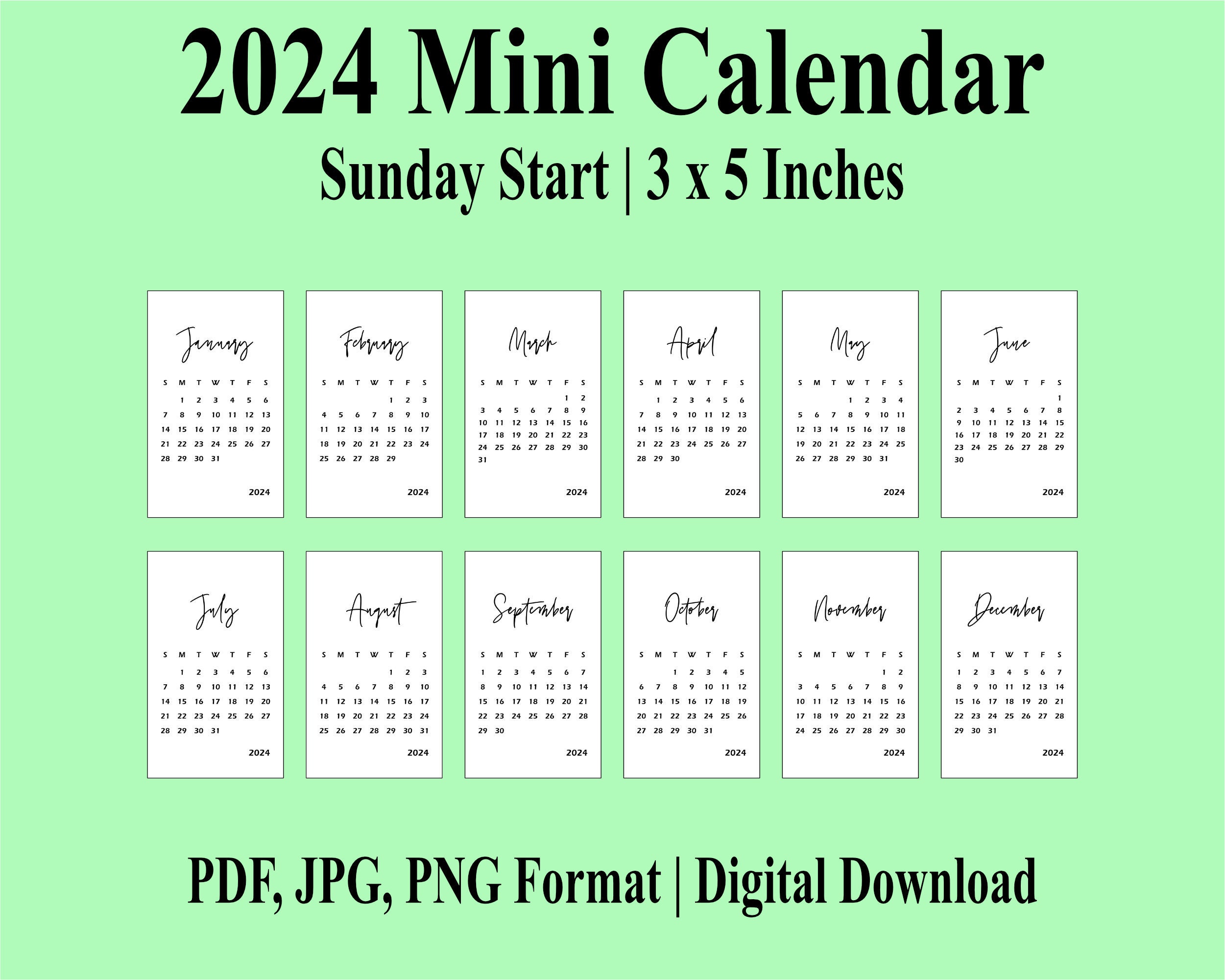 2024 Mini Calendar Printable PDF, 3 X 5 Inches, Small Calendar, Sunday