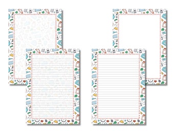 May include: Four printable stationery sheets with a white background and a border of colourful medical-themed doodles. The doodles include pills, bandages, thermometers, and syringes.