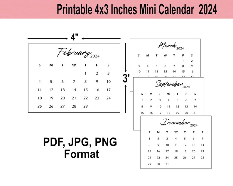 Printable 4x3 Inches 2024 Mini Calendar, Desk Calendar, Black and White