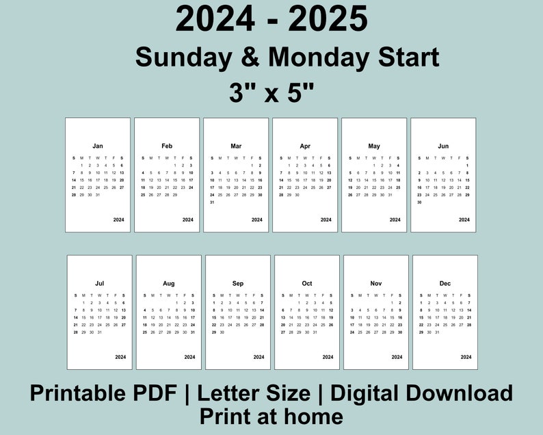 2024 2025 mini calendar printable pdf 3 x 5 inches small etsy m xico