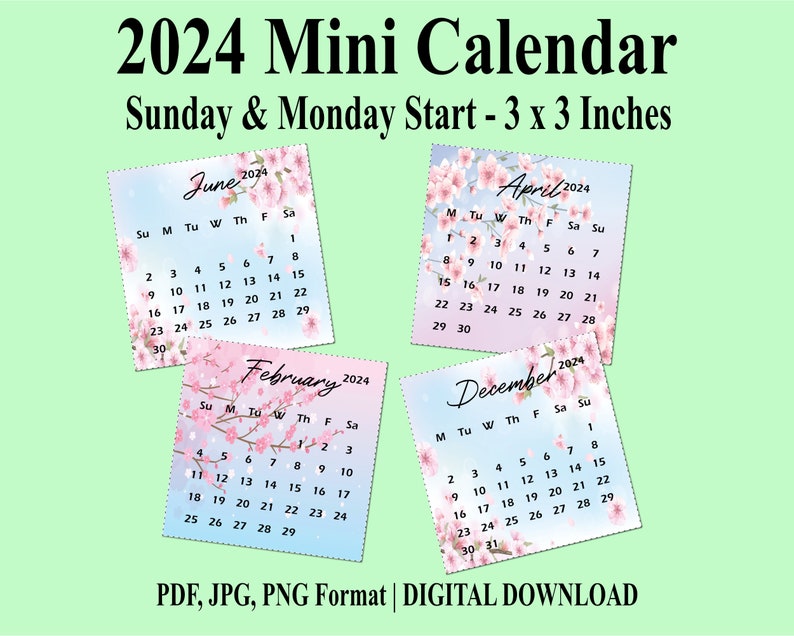 Printable PDF 2024 Mini Calendar Floral, 3x3 Inches, Sunday & Monday