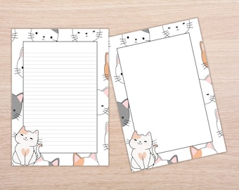 Cute Kawaii Cat Stationery Printable PDF, Cat Lover Letter Writing Paper, Lined and Unlined Paper, Printable Cat Stationary, A4 | US Letter