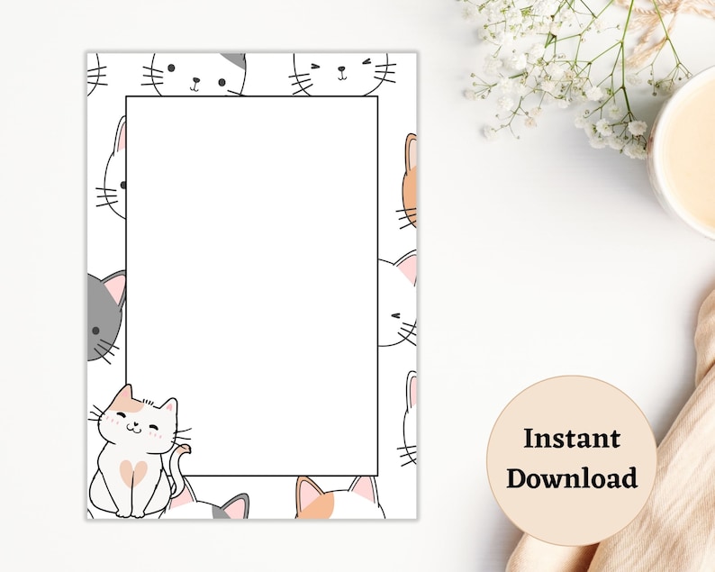 May include: Printable digital paper with a white background and a border of cute cartoon cats in various poses. The paper has a large white rectangle in the center for writing or drawing.