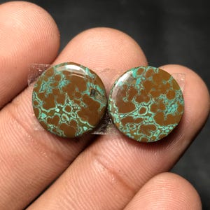 Op de afbeelding: Twee ronde, gepolijste edelstenen. Elke steen heeft een bruine basiskleur met een turquoise, webachtig patroon. De stenen worden bij elkaar gehouden met doorzichtige tape, wat hun natuurlijke schoonheid en unieke ontwerp benadrukt.