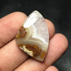Könnte beinhalten: Ein polierter Edelstein mit einem einzigartigen Muster. Der Stein weist eine Mischung aus Weiß, Beige und Braun auf, mit Bereichen in Orange und Gold. Die Form ist ein abgerundetes Dreieck, und die Oberfläche ist glatt und reflektierend.