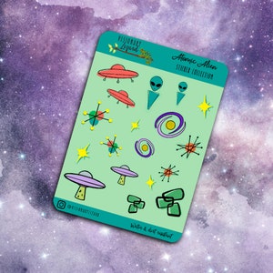 May include: A sheet of stickers with an atomic alien theme. The stickers are on a light green background and feature various designs, including flying saucers, aliens, stars, and mid-century modern designs. The text "Atomic Alien Sticker Collection" is at the top of the sheet. The text "Water & dust resistant" is at the bottom of the sheet.