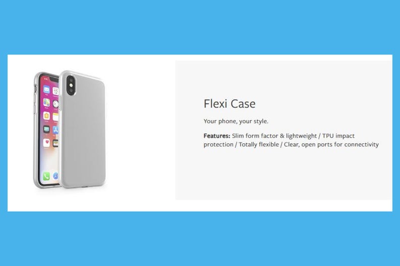 a silver iPhone case with a description of the Flexi Case, which is a slim form factor and lightweight, with an impact protection that is completely flexible and open ports for connectivity.