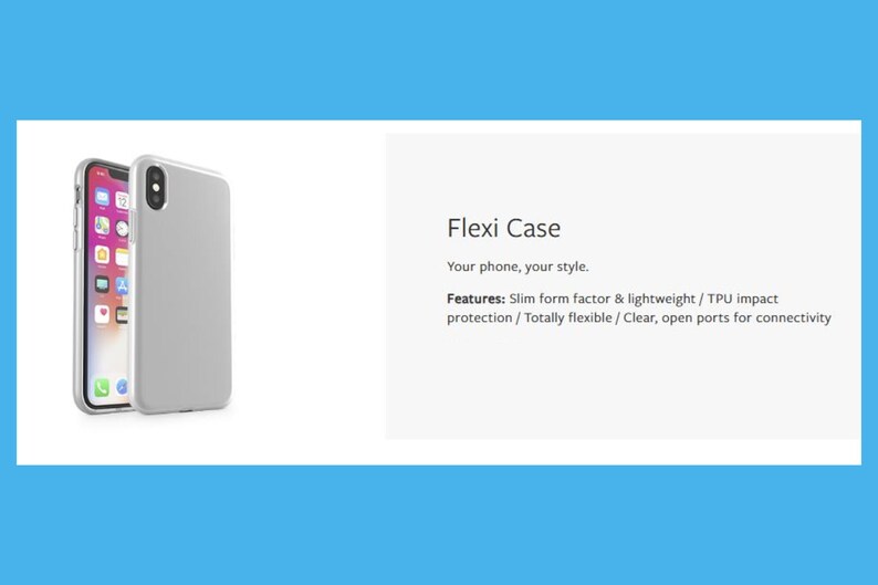 a silver iPhone case with a description of the Flexi Case, which is a slim form factor and lightweight, with an impact protection that is completely flexible and open ports for connectivity.
