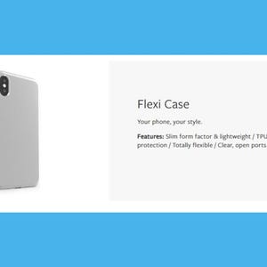 a silver iPhone case with a description of the Flexi Case, which is a slim form factor and lightweight, with an impact protection that is completely flexible and open ports for connectivity.
