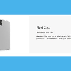 a silver iPhone case with a description of the Flexi Case, which is a slim form factor and lightweight, with an impact protection that is completely flexible and open ports for connectivity.