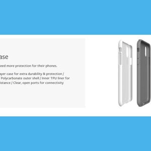 The image is a product advertisement for a Tough Case, which is designed to provide extra protection and durability for smartphones. The ad features three different Tough Case designs, each with unique features such as a dual layer case for extra durability and protection, an impact resistant Polycarbonate outer shell, and a thinner polyurethane liner for extra impact resistance.