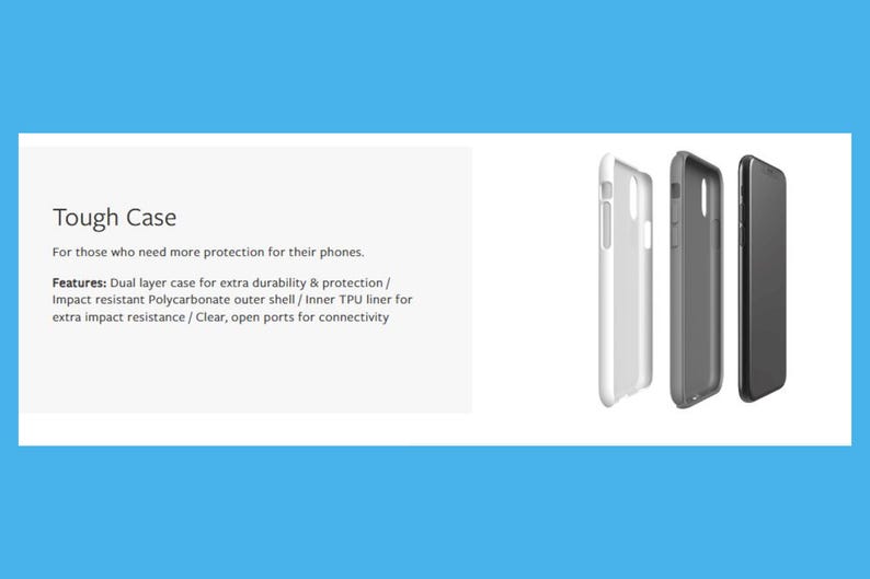 The image is a product advertisement for a Tough Case, which is designed to provide extra protection and durability for smartphones. The ad features three different Tough Case designs, each with unique features such as a dual layer case for extra durability and protection, an impact resistant Polycarbonate outer shell, and a thinner polyurethane liner for extra impact resistance.