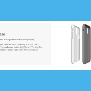 The image is a product advertisement for a Tough Case, which is designed to provide extra protection and durability for smartphones. The ad features three different Tough Case designs, each with unique features such as a dual layer case for extra durability and protection, an impact resistant Polycarbonate outer shell, and a thinner polyurethane liner for extra impact resistance.