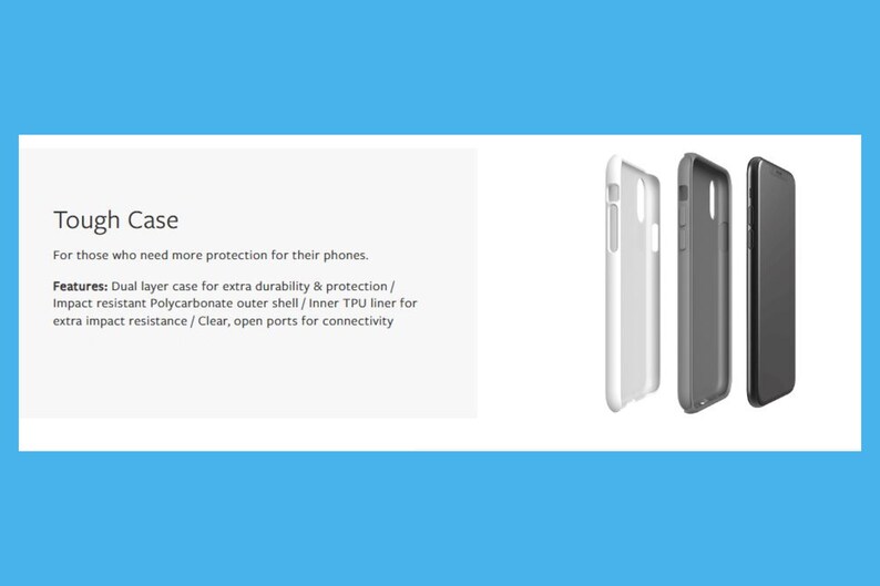 The image is a product advertisement for a Tough Case, which is designed to provide extra protection and durability for smartphones. The ad features three different Tough Case designs, each with unique features such as a dual layer case for extra durability and protection, an impact resistant Polycarbonate outer shell, and a thinner polyurethane liner for extra impact resistance.