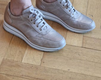 Fraiche Leather Moccasin Sneakers, Beige, Lace-up, Women's Ankle, 90s Retro, Leather Shoes